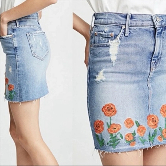 MOTHER High Waisted Straight Mini Fray Embroidered Denim Skirt in Quite Contrary - Picture 1 of 15